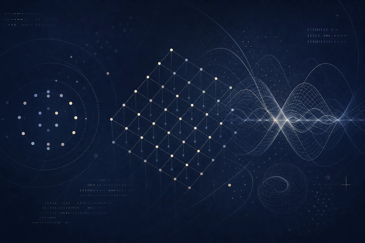 Abstract lattice and quantum-wave illustration for post-quantum cryptography